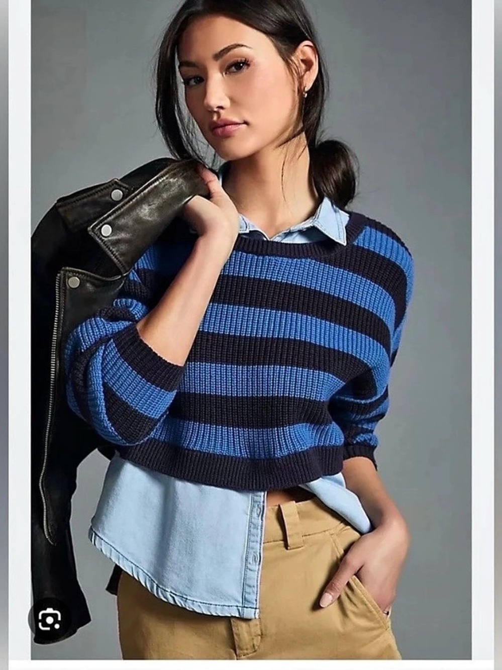 Anthropologie Pilcro Striped Cropped Sweater/denim shirt Size XS Like New